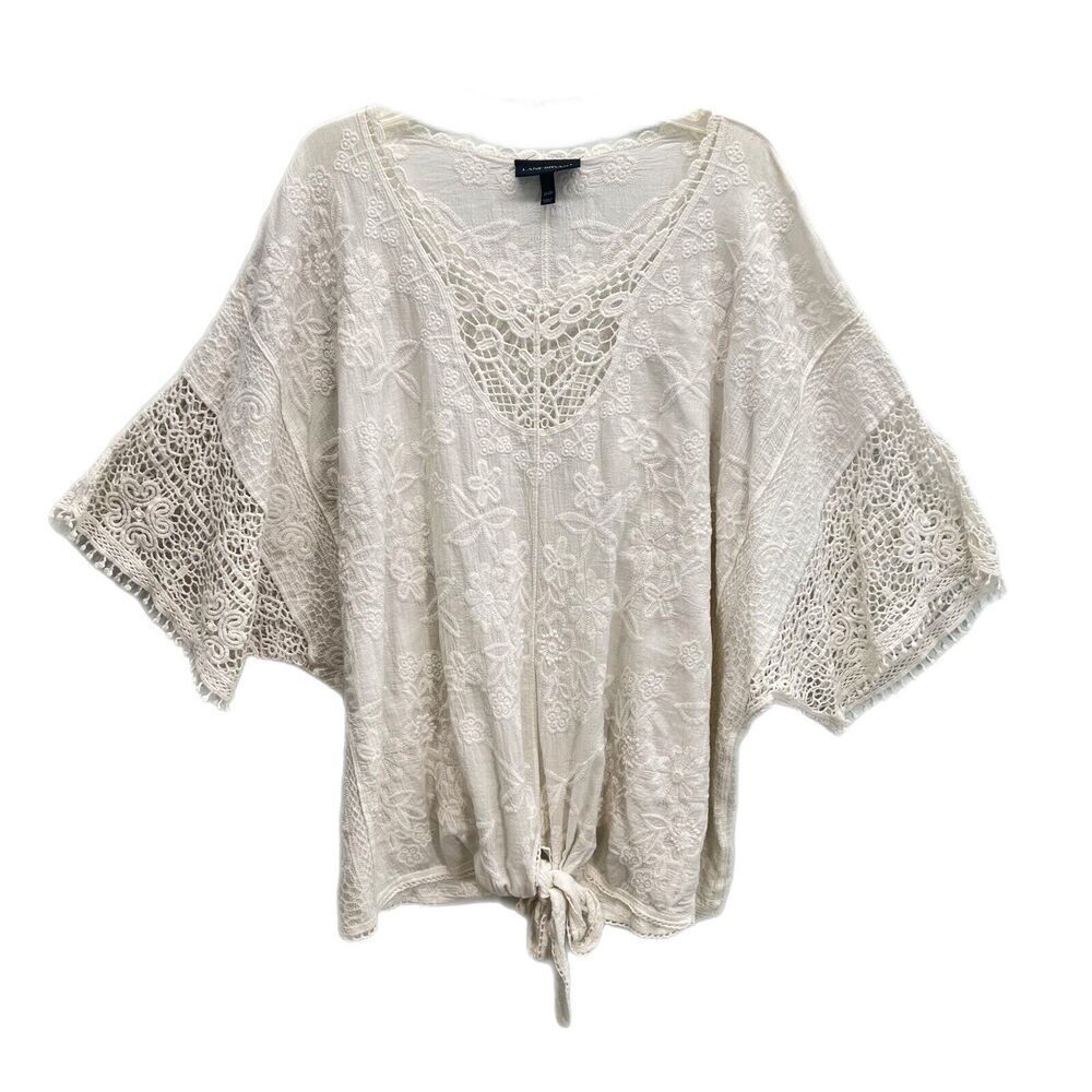 Lane Bryant Womens Tie Front Top Size 26/28 White Fully Embroidered Crochet